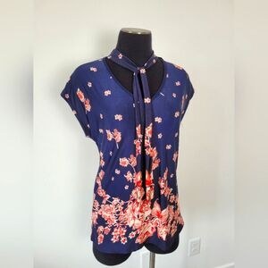Floral Blouse Blue Pink Neck Tie Office Siren Y2K Fairy Coquette Whimsical M